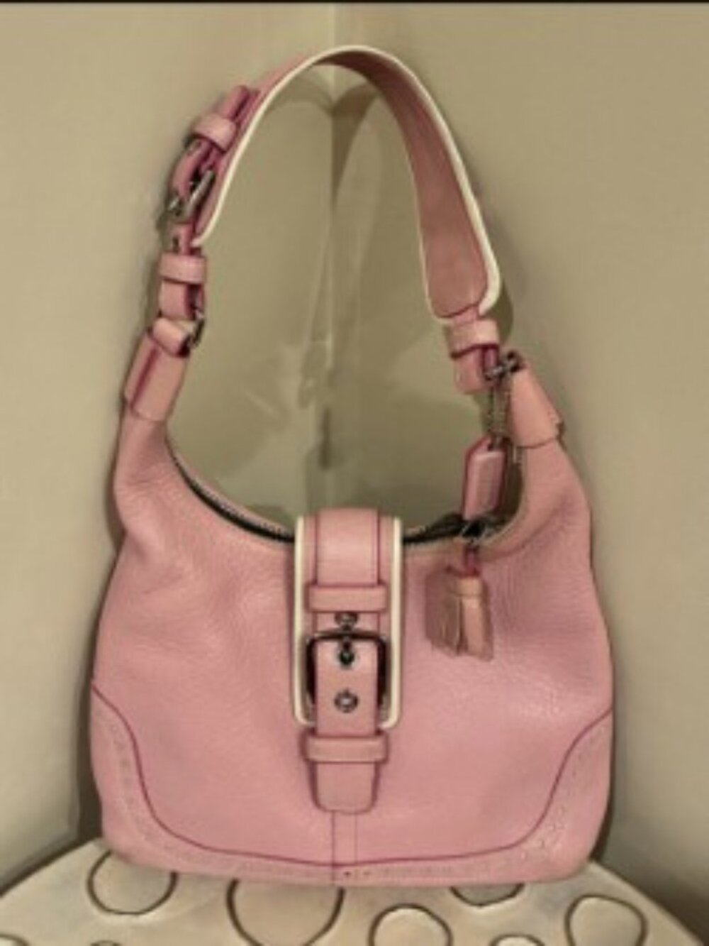 COACH Pink Pebbled Leather Shoulder Hobo with Buckle Accent